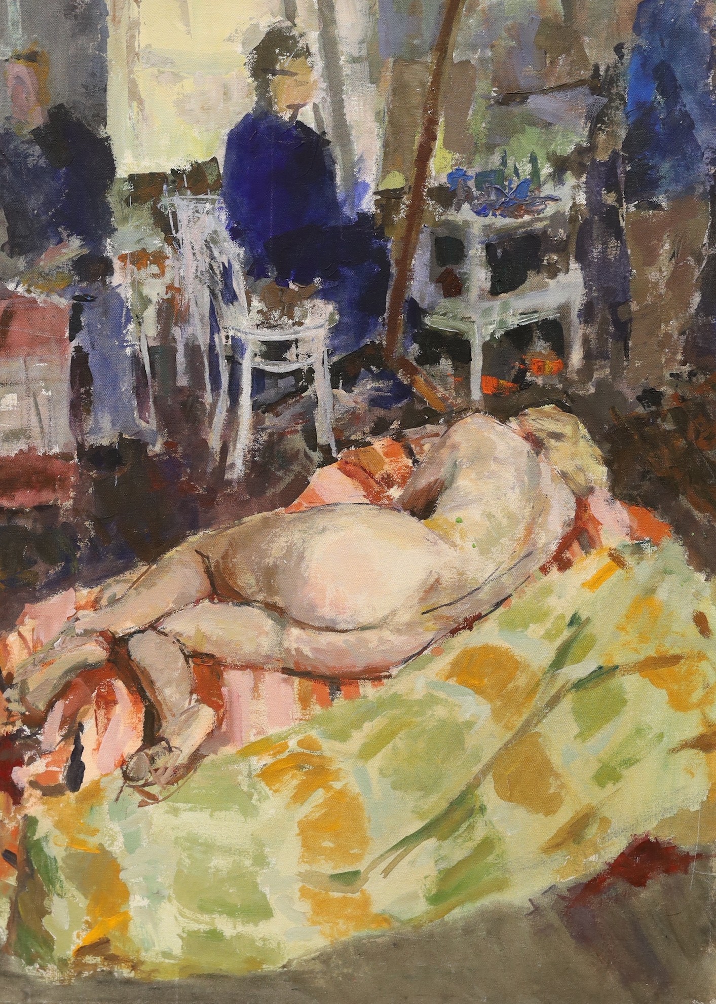 Modern British, oil on canvas, Nude in the studio, 76 x 56cm, unframed